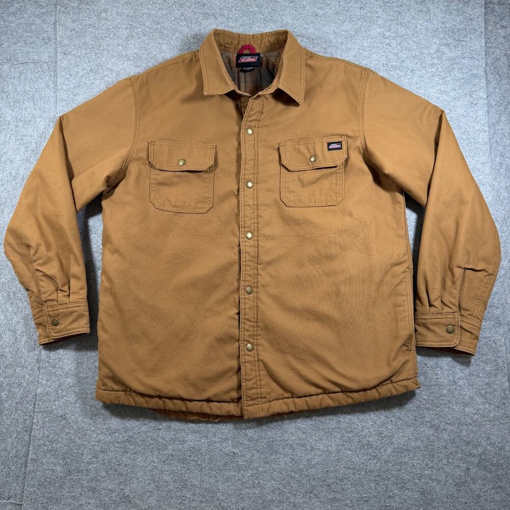 Dickies Duck Canvas Shirt Jacket Mens XL Tan Brown Flannel Lined Workwear